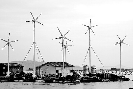 福建省水产研究所在东山县金凤湾养殖基地渔排上安装了6台各3000瓦的风电机，利用风能淡化海水